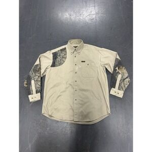 Woolrich Mens Camouflage Button Up Size L Brown Hunting Khaki Hardwood Outdoor